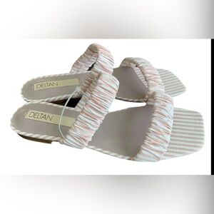 Women’s Slide sandals 8.5 Flat square toe Comfy Lining Leather Sole Pink Stripe